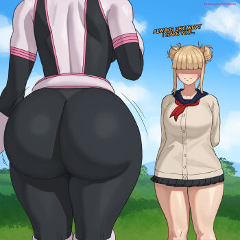 2girls ass ass_focus blonde_hair bodysuit boku_no_hero_academia double_bun from_behind hair_bun hair_over_eyes head_out_of_frame huge_ass jiggle long_hair multiple_girls school_uniform skin_tight skirt smile superbusty toga_himiko uraraka_ochako uraraka_ochako_(hero_outfit)