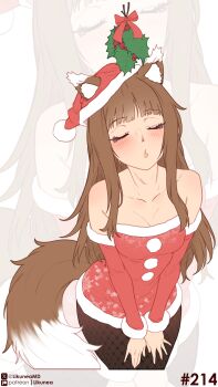 1girl absurdres animal_ears bare_shoulders black_pantyhose blush breasts brown_hair christmas cleavage closed_eyes collarbone commentary dress ears_through_headwear english_commentary fishnet_pantyhose fishnets hat highres holo incoming_kiss likunea long_hair medium_breasts mistletoe pantyhose parted_lips patreon_logo patreon_username red_dress red_hat santa_costume santa_hat sidelocks simple_background solo spice_and_wolf tail twitter_username twitter_x_logo wolf_ears wolf_girl wolf_tail zoom_layer
