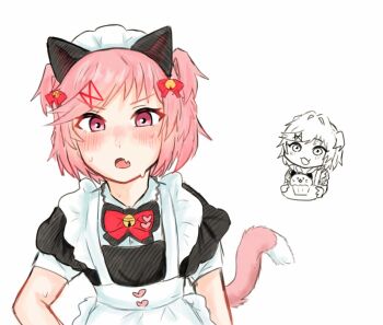 1girl animal_ears apron bell bell_bow blush bob_cut bow bowtie cat_ears cat_tail commentary_request doki_doki_literature_club fang hair_bell hair_bow hair_ornament hairclip heart highres hyonakotokara jingle_bell looking_at_viewer maid maid_apron maid_headdress medium_hair natsuki_(doki_doki_literature_club) nervous_sweating nose nose_blush open_mouth pink_eyes pink_hair pink_tail red_bow red_bowtie short_sleeves short_twintails simple_background skin_fang solo sweat swept_bangs tail twintails upper_body v-shaped_eyebrows white_background