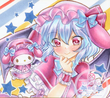 1girl bat_wings blue_bow blue_hair blush bow capelet chibikemo commentary_request cosplay fang frilled_capelet frills hair_between_eyes hat hat_bow looking_at_viewer mob_cap my_melody nekofish666 pink_hat pink_hood pink_shirt red_bow red_capelet red_eyes remilia_scarlet remilia_scarlet_(cosplay) sanrio shirt short_hair smile solo star_(symbol) star_print touhou wings wrist_cuffs