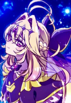 Rule 34 | 1girl, antenna hair, black capelet, black dress, blonde hair, blush, brooch, capelet, closed mouth, commentary, cure arcana shadow, diamond hairband, dress, frilled capelet, frills, gradient hair, hair intakes, heart, heart brooch, highres, jewelry, light smile, long hair, looking at viewer, looking to the side, magical girl, meitantei precure!, moria luluka, multicolored hair, night, pink eyes, pink hair, precure, purple veil, purple wrist cuffs, smile, solo, untranslatable commentary, veil, very long hair, wrist cuffs, yano akane