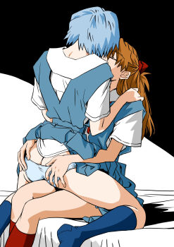 2girls absurdres ass ayanami_rei bed_sheet blue_dress blue_hair blue_panties blue_socks butt_crack closed_eyes clothes_lift dress dress_lift feet_out_of_frame from_behind grabbing_another's_ass groping highres kneehighs long_hair multiple_girls neon_genesis_evangelion orange_hair panties panty_pull red_socks school_uniform shirt shirt_under_dress short_hair short_sleeves sitting sitting_on_lap sitting_on_person socks souryuu_asuka_langley tokyo-3_middle_school_uniform underwear white_shirt yuri yuutaku