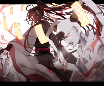 Rule 34 | 1boy, ahoge, aura, black hair, black hanfu, brown hair, chenqing flute, chinese clothes, colored smoke, commentary request, dizi, fighting stance, floating, floating hair, floating object, flute, from side, ghost, glowing, glowing eyes, hair ribbon, hanfu, holding, holding flute, holding instrument, holding weapon, instrument, kanda faf2, letterboxed, long hair, long sleeves, male focus, modao zushi, monster, ofuda, open mouth, outstretched arm, ponytail, red eyes, red ribbon, red sash, ribbon, robe, sash, sidelocks, sleeves past wrists, smoke, solo, standing, summoning, talisman, transverse flute, twitter username, very long hair, weapon, wei wuxian, white background, wide sleeves, wind