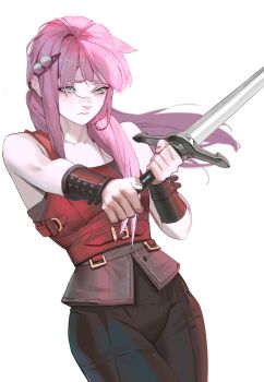 Rule 34 | 1girl, absurdres, bare shoulders, blurry, blurry background, brown pants, commentary, cowboy shot, english commentary, green eyes, hair ornament, hairclip, highres, holding, holding sword, holding weapon, long hair, ori dal, original, pants, pink hair, simple background, solo, sword, weapon, white background, worried