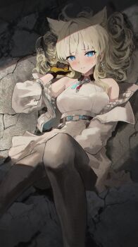 Rule 34 | 1girl, absurdres, arknights, bare shoulders, black pantyhose, blue eyes, blush, breasts, closed mouth, commentary request, dress, grey hair, head wings, highres, jacket, large breasts, long hair, lying, on back, open clothes, open jacket, pantyhose, perlica (arknights), shikyou yoru, solo, sweatdrop, white dress, white jacket, wings