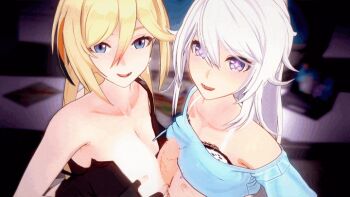 1boy 2girls 3d absurdly_long_hair animated animated_gif bare_shoulders between_breasts black_gloves black_shirt blinking blonde_hair blue_eyes blue_shirt blurry bokeh bra bra_strap breast_press breasts breasts_out breasts_squeezed_together closed_mouth clothes_lift collarbone computer cooperative_paizuri depth_of_field durandal_(honkai_impact) durandal_(pumping_heart)_(honkai_impact) earrings ffm_threesome fingerless_gloves from_above from_side gloves grabbing_own_breast gradient_eyes gradient_hair group_sex hair_between_eyes honkai_(series) honkai_impact_3rd indoors jewelry kiana_kaslana kiana_kaslana_(herrscher_of_finality) laptop large_breasts long_hair looking_at_another looking_at_viewer looking_down multicolored_eyes multicolored_hair multiple_girls off_shoulder official_alternate_costume one_breast_out one_eye_closed open_clothes open_mouth paizuri penis pink_pupils ponytail pov science_fiction shinaosumata shirt shirt_lift short_sleeves sidelocks smile star-shaped_pupils star_(symbol) strapless swept_bangs symbol-shaped_pupils symmetrical_docking teamwork_(sexual) threesome two-tone_hair underwear very_long_hair white_hair wink