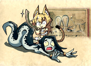 2girls animal_ears apep bastet_(mythology) blonde_hair cat cat_ears cat_girl cat_tail commentary commission egyptian_mythology english_commentary holding holding_weapon khopesh kopesh lamia long_hair monster_girl multiple_girls photo_inset reference_photo reference_work scales setz snake tail weapon