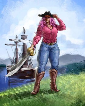 1girl absurdres aged_down aliasartworks blush breasts cape charlotte_linlin cleavage_cutout clothing_cutout cowboy_hat curvy female_focus hand_on_own_hip hat highres holding holding_weapon large_breasts lipstick long_hair looking_at_viewer makeup mature_female ocean one_piece ornament pink_hair pirate_costume red_eyes ship sky solo sword threatening watercraft weapon