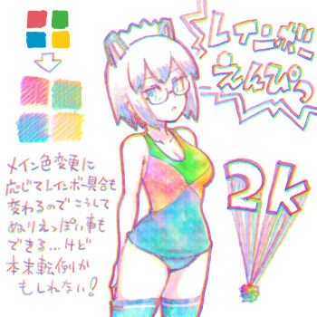 Rule 34 | 1girl, 2k-tan, bare shoulders, blue thighhighs, breasts, chromatic aberration, cleavage, collarbone, commentary request, glasses, highres, imuhata shimuro, maid headdress, medium breasts, old school swimsuit, one-piece swimsuit, os-tan, school swimsuit, short hair, simple background, solo, swimsuit, thighhighs, translation request, white background, windows logo