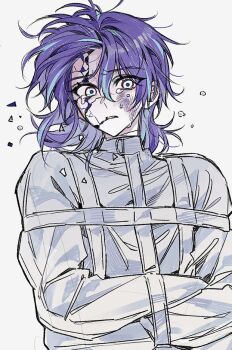 1boy blue_hair bruise bruise_on_face commentary_request cracked_skin crying crying_with_eyes_open grey_eyes hair_between_eyes hoshirube_sho injury korean_commentary long_sleeves looking_at_viewer male_focus medium_hair multicolored_hair mummeo_p nijisanji parted_bangs parted_lips purple_hair raised_eyebrows simple_background solo straitjacket streaked_hair tears upper_body virtual_youtuber white_background wide-eyed