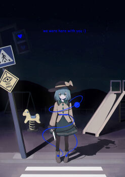 1girl absurdres black_hat boots bow brown_boots brown_pantyhose buttons closed_mouth commentary crosswalk diamond_button english_commentary english_text eyeball frilled_shirt_collar frilled_sleeves frills green_eyes green_hair green_skirt hat hat_bow heart highres holding holding_knife horror_(theme) knife komeiji_koishi long_sleeves looking_at_viewer pantyhose playground road_sign shadow shirt sign skirt slide smile solo spring_rider third_eye touhou wide_sleeves yellow_bow yellow_shirt yuuneka