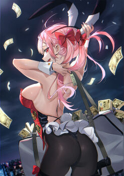 1girl animal_ears armpits arms_up ass backless_outfit bag black_hairband black_pantyhose bow breasts cowboy_shot fake_animal_ears fake_tail from_behind hair_bow hairband highres large_breasts leotard long_hair looking_at_viewer looking_back mhk_(mechamania) money night original outdoors pantyhose pink_hair price_tag rabbit_ears rabbit_tail red_bow red_eyes revealing_clothes sideboob sky solo tail thong_leotard twintails wrist_cuffs