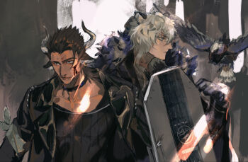2boys animal_ears arknights armband bird black_gloves blood blood_on_face brown_eyes brown_hair cat_ears choker commentary cow_boy cow_ears cow_horns eucharist_(susukinoo) gloves highres holding holding_shield horns jacket jewelry leather leather_jacket leopard_ears male_focus matterhorn_(arknights) multiple_boys shield shirt short_hair silverash_(arknights) upper_body white_hair