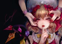 Rule 34 | 2girls, adapted costume, black background, blonde hair, bonnet, bow, bowtie, commentary, crying, crying with eyes open, crystal, drill hair, fingernails, flandre scarlet, flower, frilled shirt collar, frills, hair bow, hair flower, hair ornament, hands on another&#039;s face, highres, index finger raised, kyogoku-uru, lolita fashion, looking at viewer, medium bangs, multiple girls, nose, one side up, realistic, red bow, red eyes, red flower, red lips, red nails, red rose, red vest, remilia scarlet, rose, sharp fingernails, shirt, short hair, siblings, signature, simple background, sisters, slit pupils, solo focus, symbol-only commentary, tears, touhou, upper body, vest, wavy hair, white shirt, wings, wrist cuffs, yellow bow, yellow bowtie