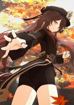 1girl ass black_hat brown_hair chinese_clothes coattails flower-shaped_pupils genshin_impact hat hat_tassel highres hu_tao_(genshin_impact) jewelry leaf long_hair looking_at_viewer menchi-men multiple_rings porkpie_hat red_eyes ring smile solo symbol-shaped_pupils tailcoat tree twintails