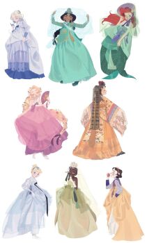 6+girls aladdin_(movie) alternate_costume apple ariel_(disney) beauty_and_the_beast_(disney) belle_(disney) black_hair blonde_hair blue_eyes blue_hanbok braid brown_eyes brown_hair cinderella_(disney_character) cinderella_(disney_movie) closed_eyes closed_mouth dark-skinned_female dark_skin disney disney_princess earrings elsa_(frozen) flower food frozen_(disney) fruit full_body gloves gold_earrings green_hanbok hair_bun hair_flower hair_ornament hairband hanbok hand_fan highres holding holding_fan holding_food holding_fruit jasmine_(disney) jewelry korean_clothes long_hair long_sleeves multiple_girls pale_skin parted_bangs parted_lips pink_hanbok rapunzel_(disney) red_hair red_hairband short_hair single_braid smile snow_white_(disney) snow_white_and_the_seven_dwarfs_(disney) sue_kim swept_bangs tangled the_little_mermaid_(disney) the_princess_and_the_frog_(disney) tiana_(the_princess_and_the_frog) veil_lift very_long_hair white_gloves white_hair yellow_hanbok