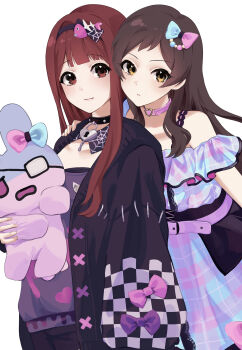 2girls absurdres behind_another black_cardigan black_collar bow brown_eyes brown_hair cardigan chosmahe closed_mouth collar commentary dress fish_skeleton_hair_ornament front-to-back hair_bow hairband hand_on_another's_shoulder heart-shaped_lock heart_collar highres holding holding_stuffed_toy idolmaster idolmaster_million_live! idolmaster_million_live!_theater_days kitazawa_shiho light_smile long_hair long_sleeves looking_at_viewer multicolored_bow multicolored_dress multiple_girls official_alternate_costume open_cardigan open_clothes pink_collar qute_x_qualm_(idolmaster) red_eyes red_hair simple_background standing stuffed_animal stuffed_rabbit stuffed_toy tanaka_kotoha tanaka_kotoha_(only_see_you) white_background