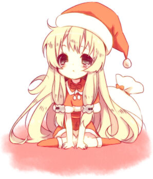 1girl bad_id bad_pixiv_id blonde_hair bow female_focus grey_eyes hat long_hair nakamura_sandayo original sack santa_costume santa_hat simple_background sitting solo wariza white_background
