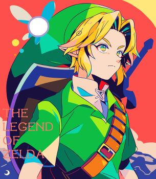 1boy belt blonde_hair closed_mouth copyright_name curtained_hair fairy green_hat green_tunic hat highres link male_focus mizuki_tsukimori navi nintendo pointy_ears shield shield_on_back short_sleeves sidelocks solo sword sword_on_back the_legend_of_zelda the_legend_of_zelda:_ocarina_of_time tunic upper_body weapon weapon_on_back