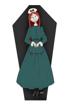 1girl absurdres alternate_costume colored_skin dress highres ksyjkysk long_hair long_sleeves nurse red_hair sally_(nbc) smile stitched_arm stitched_face stitches the_nightmare_before_christmas