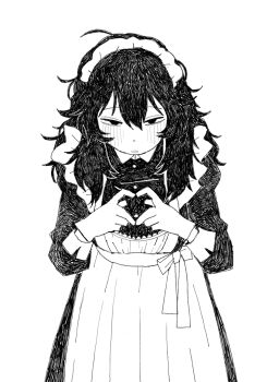 1girl black_eyes black_hair blush collared_dress commentary dress four-finger_heart_hands greyscale heart heart_hands highres juliet_sleeves kms2605 long_hair long_sleeves looking_at_viewer maid maid_headdress monochrome original parted_lips puffy_sleeves solo symbol-only_commentary
