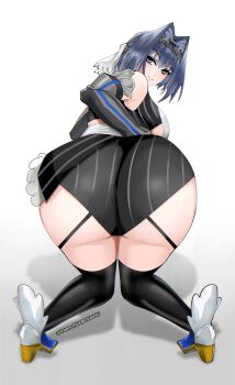 1girl absurdres ass ass_focus bare_shoulders black_gloves blue_eyes blue_hair bow bow_earrings breasts chain chain_headband cleavage closed_mouth clothing_cutout commission curvy detached_sleeves earrings from_behind full_body gloves hair_intakes halo high_heels highres hololive hololive_english huge_ass huge_breasts jewelry large_breasts legs looking_at_viewer looking_back mechanical_halo muhammaddeny multicolored_hair ouro_kronii ouro_kronii_(1st_costume) panties pinstripe_pattern pinstripe_skirt presenting presenting_ass shoes short_hair simple_background smile solo thick_thighs thighhighs thighs underboob_cutout underwear vgen_commission virtual_youtuber watermark white_shoes