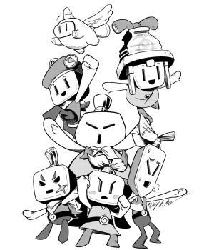 Rule 34 | 2girls, 4boys, arc (mario), arm up, blush stickers, clenched hand, commentary, connie (mario), dulles (mario), ellow (mario), english commentary, greyscale, hat, highres, ireen (mario), loog (mario), mario &amp; luigi: brothership, mario &amp; luigi rpg, mario (series), marioantoniogenduso, monochrome, multiple boys, multiple girls, neckerchief, nintendo, outstretched arms, sailor hat, scar, scar on face, signature, snoutlet (mario), sweat, wings