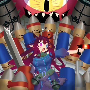 1girl angry bandana bare_shoulders bat_wings beholder belt belt_buckle blue_dress blue_eyes breasts buckle bullet bullet_kin cobblestone dress dungeon enter_the_gungeon explosive fighting grenade gun headband heterochromia highres hololive hololive_english horns iron_maiden irys_(hololive) key large_breasts long_hair long_sleeves monster multicolored_hair one-eyed open_mouth pink_eyes pointy_ears purple_hair red_hair shotgun_shell souls4u streaked_hair sword turtleneck virtual_youtuber weapon wings