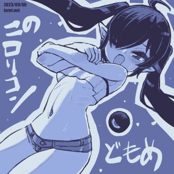 1girl ahoge backbeako_(torotei) backbeard blue_background blush breasts commentary crop_top crossed_arms dated dated_commentary dutch_angle female_focus gegege_no_kitarou hair_over_one_eye kono_lolicon_domome loli long_hair looking_at_viewer micro_shorts midriff monochrome navel one_eye_closed open_mouth original paid_reward_available pointy_ears ribs shorts simple_background small_breasts solo sweatdrop symbol-only_commentary torotei twintails underboob watermark web_address