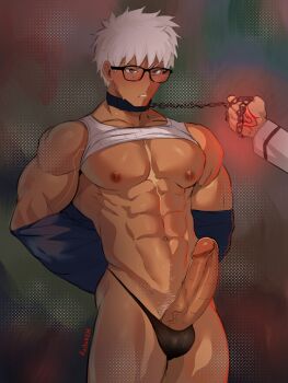 Rule 34 | 2boys, abs, archer (fate), arms behind back, bara, bare pectorals, bikini briefs, blush, clothes lift, command spell, cowboy shot, dark-skinned male, dark skin, erection, fate/grand order, fate (series), fujimaru ritsuka (male), glasses, highres, large pectorals, looking ahead, male focus, male underwear, multiple boys, muscular, muscular male, nipples, official alternate costume, pectorals, penis out, robokeh, second-party source, shirt lift, solo focus, sparse navel hair, standing, sweat, tank top, thighs, uncensored, underwear, v-taper, veins, veiny arms, white hair, white tank top, yaoi