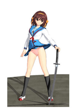 00s 1girl 3d brown_hair female_focus full_body katana name_(nahopa!) panties school_uniform serafuku shoes short_hair socks solo standing suzumiya_haruhi suzumiya_haruhi_no_yuuutsu sword underwear weapon white_background wind wind_lift