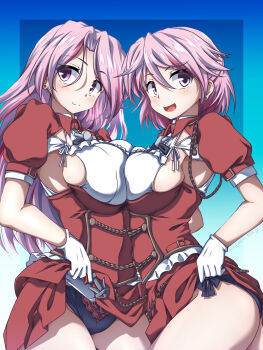 2girls 547th_sy :3 armpit_cutout armpits black_panties blue_background breast_press breasts clothing_cutout docking giuseppe_garibaldi_(kancolle) gloves gradient_background hair_between_eyes highres kantai_collection large_breasts long_hair looking_at_viewer luigi_di_savoia_duca_degli_abruzzi_(kancolle) medium_breasts multiple_girls no_headwear open_mouth panties pink_eyes pink_hair pleated_skirt red_shirt red_skirt shirt short_hair skirt smile symmetrical_docking underwear white_gloves