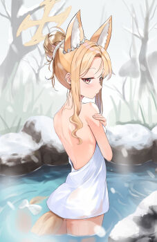 alternate_hairstyle animal_ear_fluff animal_ears ass bare_back bare_shoulders blonde_hair blue_archive blush bow closed_mouth commentary covering_chest covering_privates cowboy_shot cross_halo extra_ears fingernails flower fox_ears fox_girl fox_tail gimhyeo09366967 hair_bun hair_flower hair_ornament halo highres loli lone_nape_hair long_hair looking_at_viewer looking_back median_furrow naked_towel nape onsen outdoors seia_(blue_archive) shoulder_blades single_hair_bun snow solo standing steam tail tail_bow tail_ornament thighs towel wading water winter yellow_eyes yellow_halo