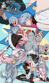 1boy 1girl absurdres apron blue_hair chibi flat_color gintama hair_between_eyes highres japanese_clothes kimono long_hair multiple_views oc_x_canon original sakata_gintoki sitting white_hair xiabai