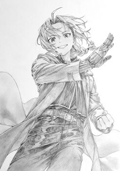 1boy absurdres belt braid commentary_request cowboy_shot edward_elric fullmetal_alchemist graphite_(medium) grin highres lab_coat lensia long_hair long_sleeves looking_at_viewer male_focus mechanical_arms pants parted_bangs shirt simple_background single_braid single_mechanical_arm smile solo traditional_media