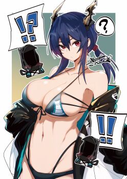 !? 1girl 1other ? ambiguous_gender arknights bikini black_jacket blue_bikini blue_hair blush breasts ch&#039;en_(arknights) ch&#039;en_the_holungday_(arknights) cleavage closed_mouth coat collarbone cowboy_shot cropped_torso doctor_(arknights) dragon_girl dragon_horns dragon_tail expressionless front-tie_bikini_top front-tie_top gin_moku hair_between_eyes highres hood hood_up hooded_coat horns jacket large_breasts long_hair long_sleeves looking_at_viewer multi-strapped_bikini_top multiple_views navel no_headwear off_shoulder official_alternate_costume open_clothes open_jacket red_eyes rhodes_island_logo_(arknights) standing stomach swimsuit tail underboob