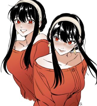 2girls black_hair commentary_request flat_color highres multiple_girls qqubbell red_eyes spy_x_family yor_briar