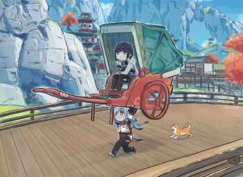 1girl 2girls architecture artist_name asymmetrical_gloves bare_shoulders black_bodysuit black_hair blue_sky blunt_bangs bodysuit bridge chibi chinese_clothes choker crop_top diagonal_stripes dog earrings east_asian_architecture exercising fur_collar fur_trim genshin_impact gloves hair_ornament jewelry laughing medium_hair mountain multiple_girls pagoda rickshaw running shenhe_(genshin_impact) sidelocks sitting sky solo striped tree unamused weightlifting xinzoruo yelan_(genshin_impact)