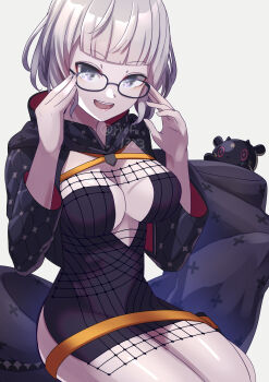 1girl baby_animal belt black_dress black_jacket blue_eyes breasts cleavage cropped_jacket dress fate/grand_order fate_(series) glasses grey_hair highres hood hooded_jacket jacket jacques_de_molay_(foreigner)_(fate) jacques_de_molay_(foreigner)_(second_ascension)_(fate) lamb large_breasts long_sleeves looking_at_viewer open_clothes open_jacket open_mouth ryofuhiko sheep short_dress short_hair smile thighs