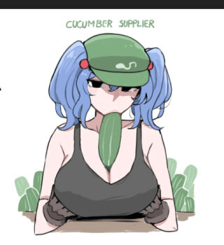 1girl between_breasts black_eyes black_tank_top blue_hair breast_rest breasts breasts_on_table brown_gloves cleavage collarbone commentary cucumber english_commentary english_text fellatio flat_cap food_between_breasts gloves grabbing_own_breast green_hat hair_bobbles hair_ornament hat jitome kawashiro_nitori large_breasts looking_at_viewer lowres mata_(matasoup) sexually_suggestive simple_background simulated_fellatio simulated_paizuri solo tank_top touhou two_side_up upper_body variant_set white_background