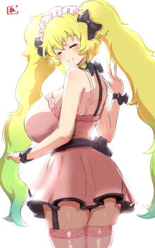 1girl alternate_hairstyle black_bow blonde_hair blush bow breasts closed_eyes dress frilled_hairband frills from_behind garter_straps gradient_hair green_hair hair_bow hairband huge_breasts kobayashi-san_chi_no_maidragon long_hair long_twintails looking_back lucoa_(maidragon) maid_headdress multicolored_hair pink_dress pink_thighhighs reiwa_rerere sash sleeveless sleeveless_dress smile solo standing thighhighs twintails v w wrist_bow