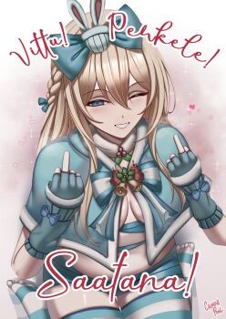 1girl absurdres blonde_hair blush braid breasts caiman_pool cleavage commentary double_middle_finger english_commentary fingerless_gloves finnish_text fur_trim girls'_frontline girls'_frontline_2:_exilium gloves hair_between_eyes heart highres long_hair medium_breasts middle_finger one_eye_closed profanity ribbon_around_body sideboob sidelocks sitting skindentation smile solo striped_clothes striped_thighhighs suomi_(fluffy_korvatunturi)_(girls'_frontline_2) suomi_(girls'_frontline) suomi_(girls'_frontline_2) thighhighs toes wariza