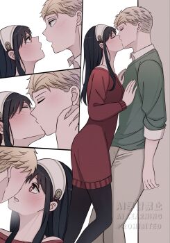 1boy 1girl black_hair blonde_hair blush botchinako couple dress highres kiss pantyhose red_sweater spy_x_family sweater twilight_(spy_x_family) two-sided_dress two-sided_fabric watermark yor_briar