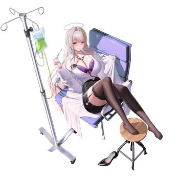 1girl black_skirt blonde_hair bra breasts brown_thighhighs chair cleavage coat coat_partially_removed feet game_asset garter_straps gloves halo highres holding holding_thermometer id_card intravenous_drip lab_coat large_breasts latex latex_gloves long_hair looking_at_viewer non-web_source official_alternate_costume on_chair pencil_skirt poker_fate purple_bra red_eyes self-datamine shirt skirt solo stethoscope stethoscope_around_neck stethoscope_between_breasts stool thermometer thighhighs transparent_background unbuttoned unbuttoned_shirt underwear veil_(poker_fate) veil_(special_treatment)_(poker_fate) very_long_hair white_coat white_gloves white_shirt zettai_ryouiki