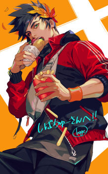 Rule 34 | 1boy, black hair, black pants, black sclera, colored sclera, contemporary, doner kebab, doner sandwich, doner wrap, eating, food, french fries, green eyes, hades (series), hades 1, hage2013, heterochromia, highres, jacket, laurel crown, male focus, mismatched sclera, orange background, pants, red eyes, translation request, wristband, zagreus (hades)