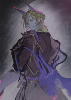 Rule 34 | 1boy, absurdres, animal ears, arknights, babu don (don 10 13), black gloves, blonde hair, cat boy, cat ears, closed mouth, commentary request, from behind, gloves, green eyes, highres, laurel crown, long sleeves, looking at viewer, looking back, male focus, phantom (arknights), short hair, signature, smile, solo, tragodia (arknights), yellow eyes