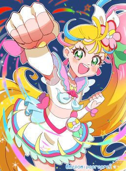 1girl absurdres blonde_hair blush brooch choker clothing_cutout cropped_shirt cure_summer earrings elbow_gloves fingerless_gloves flower flower-shaped_pupils gloves gradient_hair green_eyes hair_flower hair_ornament hair_ribbon heart_cutout highres jewelry long_hair magical_girl midriff multicolored_hair multicolored_skirt nail_polish natsuumi_manatsu ohatsu_(poporuruprepre) open_mouth precure ribbon shell_brooch shirt side_ponytail skirt solo streaked_hair symbol-shaped_pupils tropical-rouge!_precure twitter_username very_long_hair white_choker white_gloves white_ribbon white_shirt wrist_cuffs