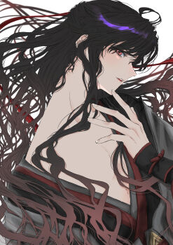 1boy absurdres ahoge androgynous bare_shoulders bishounen black_hair black_hanfu blush brown_hair chinese_clothes coat eyelashes floating_hair from_side girly_boy grey_coat hair_down hair_ribbon half_updo hand_on_own_chin hand_up hanfu highres lips long_hair long_sleeves looking_at_viewer male_focus modao_zushi naruse_(kmk648) off_shoulder official_alternate_costume official_alternate_hairstyle open_clothes open_coat parted_lips pectoral_cleavage pectorals profile red_eyes red_ribbon ribbon robe sidelocks simple_background single_bare_shoulder sleeves_past_wrists smile solo upper_body vambraces very_long_hair wei_wuxian wei_wuxian_(yiling_laozu) white_background wide_sleeves