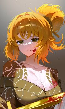 1girl absurdres black_kimono blood blood_on_breasts blood_on_face breasts cleaning_sword cleavage hair_bun hi_i_dubu highres ishmael_(project_moon) japanese_clothes katana kimono kurokumo_clan_(identity)_(project_moon) large_breasts light_particles limbus_company looking_at_viewer mole mole_on_breast off_shoulder orange_hair project_moon solo sword upper_body weapon