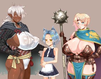 3girls animal_ears apron arm_armor armor armored_dress armored_gloves bare_arms bare_shoulders belt blonde_hair blue_dress blue_hair blush blush breasts cat_ears cleavage cloak colorized dark-skinned_female dark_skin dress earrings enoshima_iki frilled_skirt frills hair_ornament hairclip height_difference horns huge_breasts jewelry large_areolae large_nipples legs_out_of_frame long_ears long_hair looking_at_viewer maid_apron mole mole_under_mouth multicolored_hair multiple_girls open_mouth orange_eyes original ribbon_trim scar scar_on_face see-through_clothes side_ponytail simple_background single_horn skirt small_breasts spiked_hair standing tagme thick_thighs thighhighs thighs two-tone_hair white_dress white_hair yellow_eyes